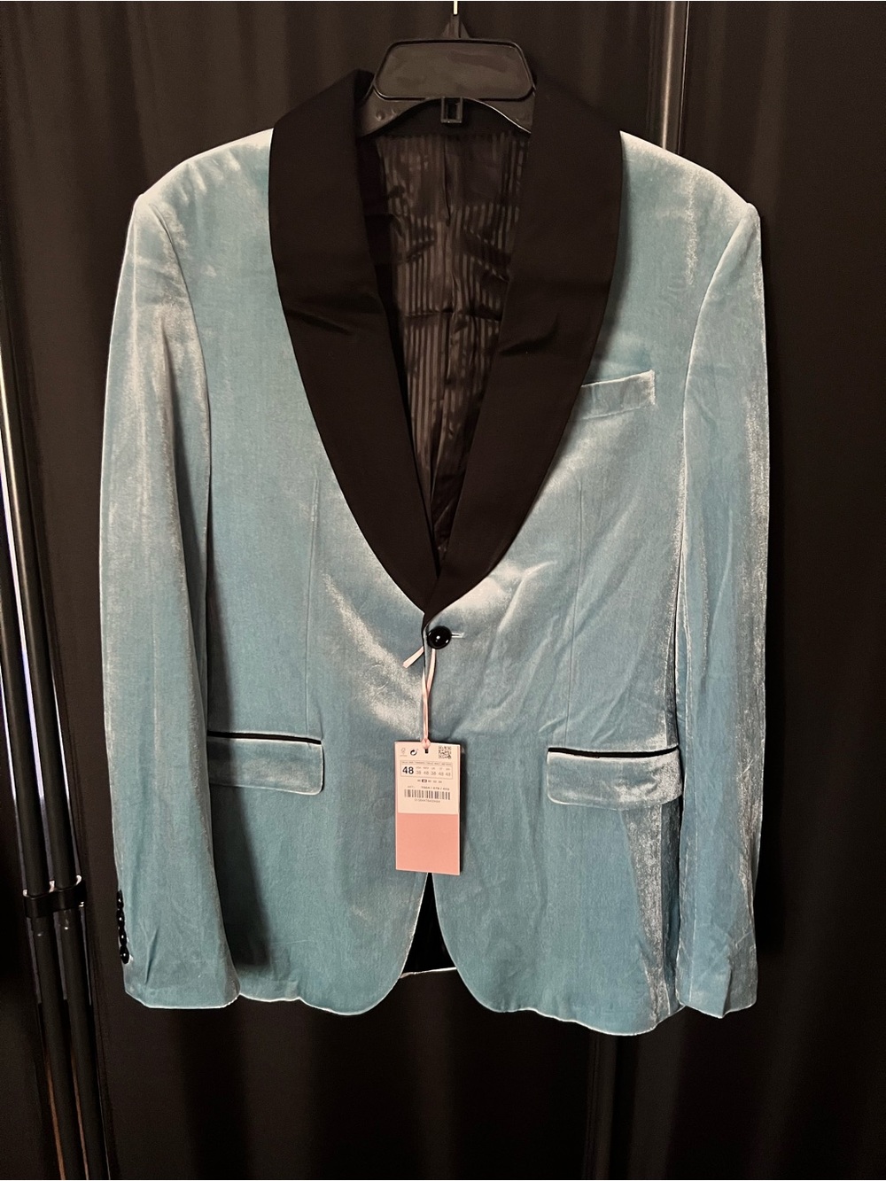 Zara Aqua Blue Velvet Tuxedo Blazer with Black Shawl Lapel
